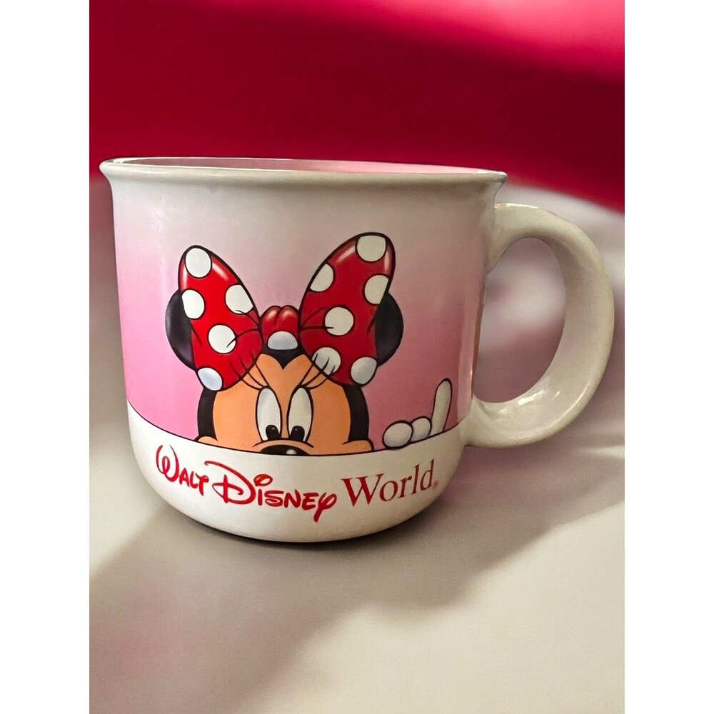 Walt Disney World Minnie Mouse Peek-a-Boo Red Pink Ceramic Coffee Mug Cup 1987